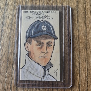 Ty Cobb Artist Trading Card by Stephen Burkett 2012 ABS Splinter Tobacco Series on Balsa Wood Mini Card