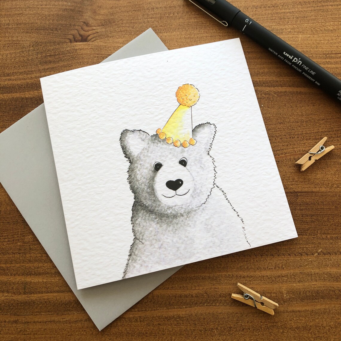 Birthday Bear | Yellow | Greeting Card | Hand Drawn Art | Animal Card ...