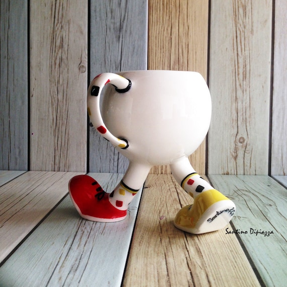 Walking Pottery Tea Cup, Coffee Mug On Legs, Funny Gifts, White Ceramic, Quirky Running Cup, Cute Design, Whimsical Ware, Multi Coloured Walking Pottery Tea Cup, Coffee Mug On Legs, Funny Gifts, White Ceramic, Quirky Running Cup, Cute Design, Whimsical Ware, Multi Coloured