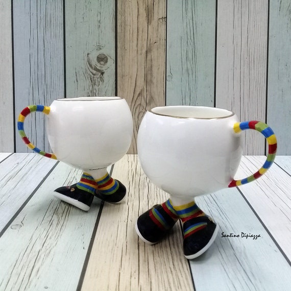 Walking Pottery Tea Cup, Coffee Mug On Legs, Funny Gifts, White Ceramic, Quirky Running Cup, Cute Design, Whimsical Ware, Multi Coloured Walking Pottery Tea Cup, Coffee Mug On Legs, Funny Gifts, White Ceramic, Quirky Running Cup, Cute Design, Whimsical Ware, Multi Coloured