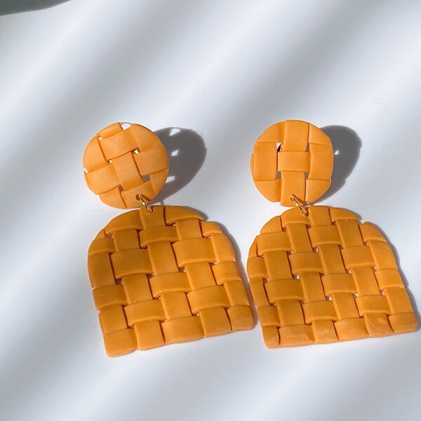 The Cara in Saffron | Lightweight + Hypoallergenic | Large Statement Arch Shape Polymer Clay Drop Earring in Basket Weave Texture