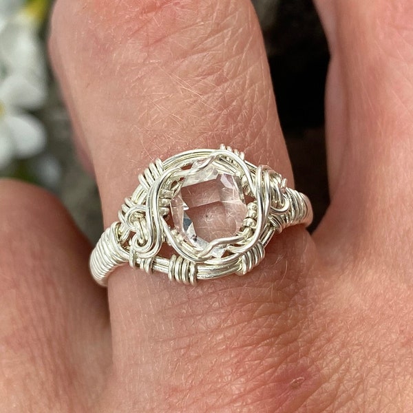 Herkimer Diamond Size 7 Ring Natural AA Grade NY Double Terminated Quartz Crystal Sterling Silver Wire Wrap Handmade April Birthstone Ring