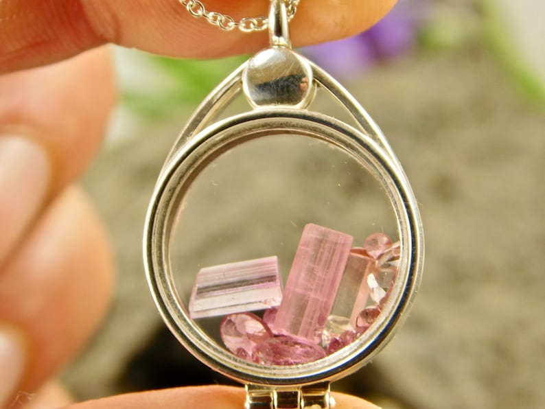 Pink Tourmaline Crystal Locket Pendant Necklace Pink Faceted Natural Terminated in a Sterling Silver Floating Glass Locket Pendant