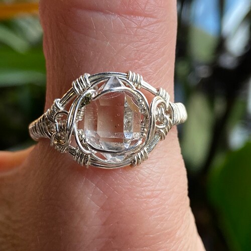Herkimer Diamond Ring Size 9.5 Natural A++ shops Grade Double Terminated Quartz Crystal Sterling Silver Wire Wrapped Handmade Ring 7x11 mm Stone