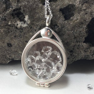 Herkimer Diamond Sterling Silver Glass Locket Pendant, Floating Locket with Tiny AAA+ Grade, Raw, Natural, NY Herkimer Quartz Crystals
