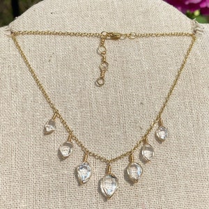 RARE AAA Grade NY Herkimer Diamond &quot;raindrops&quot; 14K Gold Chain Necklace Genuine Herkimer Quartz Crystal Fringe Choker Boho Jewelry