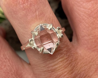 Unique Carbon Dot Inclusion, NY Herkimer Diamond Crystal Ring, Sterling Silver, Size 7, Natural Raw Clear Quartz