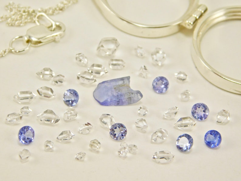 Facets Tanzanite Crystal Herkimer Diamond Quartz Crystals in a Floating Locket Sterling Silver Pendant Necklace Faceted Tanzanite