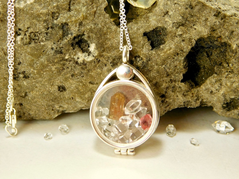 Sterling Silver Floating Locket Necklace with AAA Tourmaline Spinel and Herkimer Diamond Quartz Crystal Locket Grade Micro Crystals