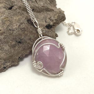 Pink Sapphire Sterling Silver Pendant: Faceted Gemstone Wire Wrap Necklace
