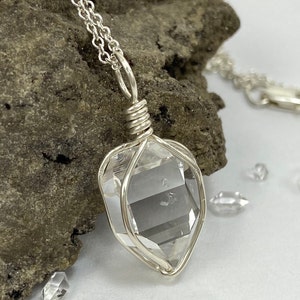 Herkimer Diamond Pendant A+ Grade Genuine NY Natural Quartz Crystal Sterling Silver Wire Wrap Necklace Double Terminated