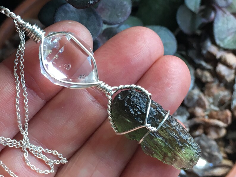 Moldavite Tektite And Herkimer Diamond Crystal Pendant Image 0
