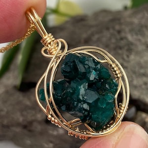 Natural Dioptase Crystal Pendant 14K Gold-fill Wire Wrap Necklace Rare Green Dioptase Specimen in Handmade Jewelry
