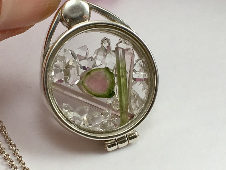 Tourmaline Watermelon Slice and Natural Tourmaline Crystals Herkimer Diamond Quartz Crystals in Sterling Silver Floating Locket Pendant