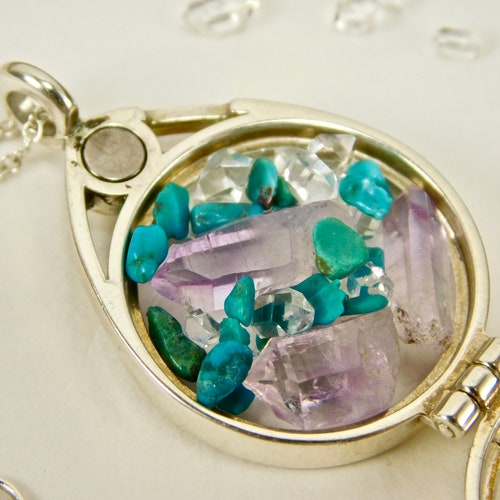 Turquoise + Amethyst + Ny Herkimer Diamond Quartz Crystals Floating shops Locket Sterling Silver Pendant Necklace Natural Crystal Jewelry Specimen