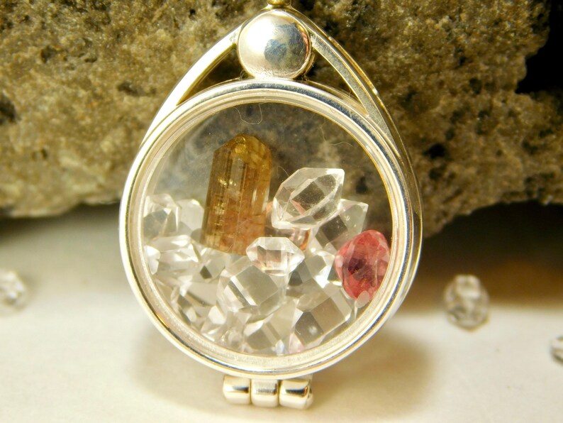 Sterling Silver Floating Locket Necklace with AAA Tourmaline Spinel and Herkimer Diamond Quartz Crystal Locket Grade Micro Crystals