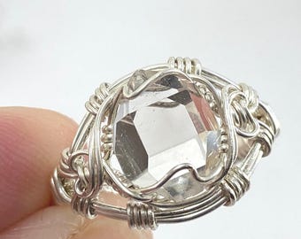 Handmade NY Herkimer Diamond Ring: Raw Quartz Crystal, Sterling Silver Wire Wrap, Size 6