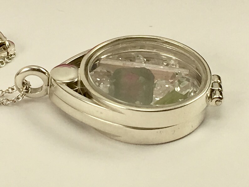 Tourmaline Watermelon Slice and Natural Tourmaline Crystals Herkimer Diamond Quartz Crystals in Sterling Silver Floating Locket Pendant