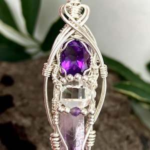 Vera Cruz Amethyst and Herkimer Diamond Pendant with Natural Purple Amethyst and Water Clear NY Quartz Crystal in Sterling Silver Necklace