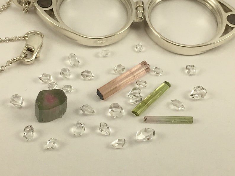 Tourmaline Watermelon Slice and Natural Tourmaline Crystals Herkimer Diamond Quartz Crystals in Sterling Silver Floating Locket Pendant