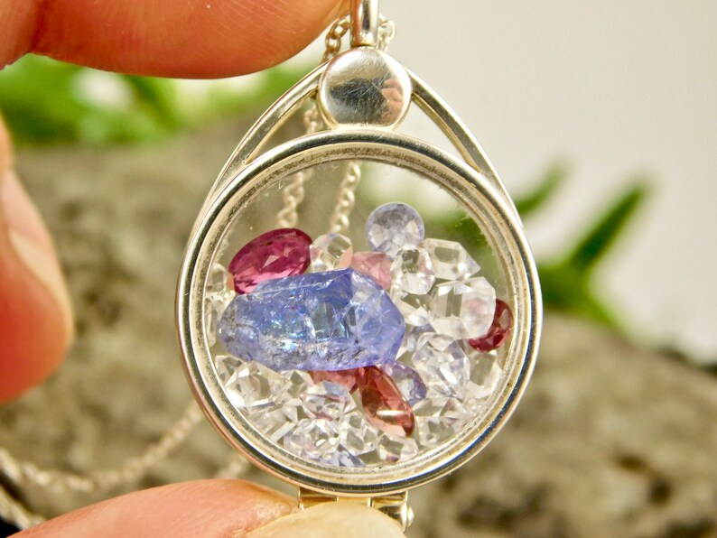 Tanzanite Crystal Tourmaline Herkimer Diamond Crystals in Sterling Silver Floating Locket Pendant Necklace