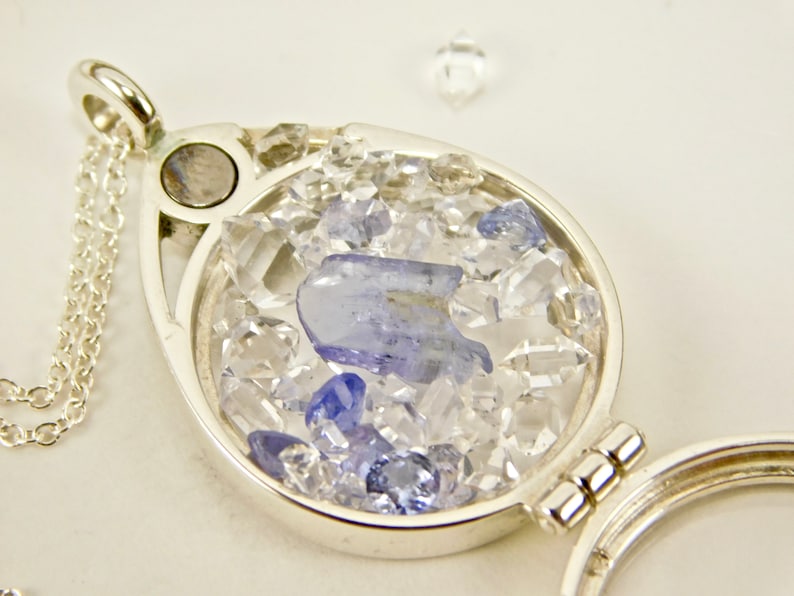 Facets Tanzanite Crystal Herkimer Diamond Quartz Crystals in a Floating Locket Sterling Silver Pendant Necklace Faceted Tanzanite