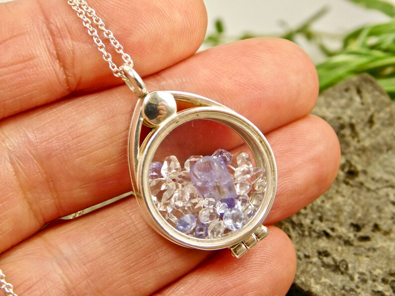 Facets Tanzanite Crystal Herkimer Diamond Quartz Crystals in a Floating Locket Sterling Silver Pendant Necklace Faceted Tanzanite
