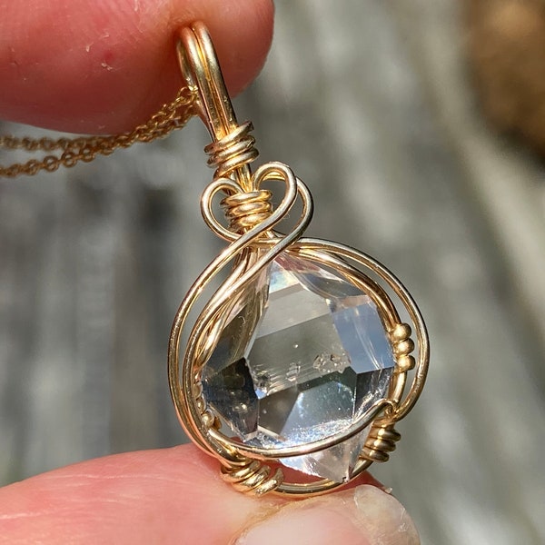 AA+ NY Herkimer Diamond Pendant Perfect Double Terminated Quartz Crystal with Tiny Rider Crystals 14K Gold Fill Wire Wrap Natural