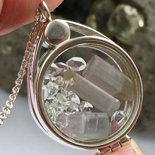 Tourmaline Crystal Tri-Clored Purple Pink Green and Herkimer Diamond Quartz Crystal Sterling Silver Floating shops Locket Necklace