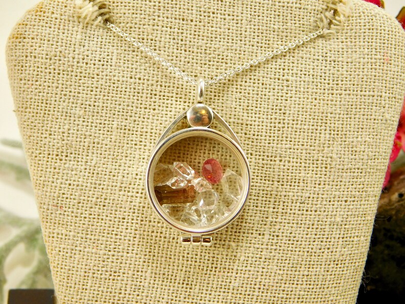 Sterling Silver Floating Locket Necklace with AAA Tourmaline Spinel and Herkimer Diamond Quartz Crystal Locket Grade Micro Crystals