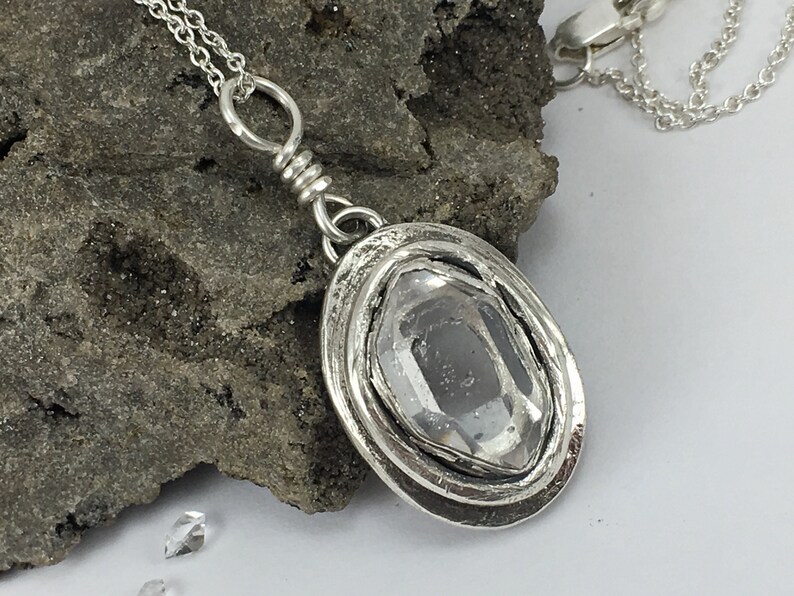 Herkimer Diamond Quartz Crystal Fine Silver Pendant Handmade Boho Jewelry Genuine NY Quartz Crystal