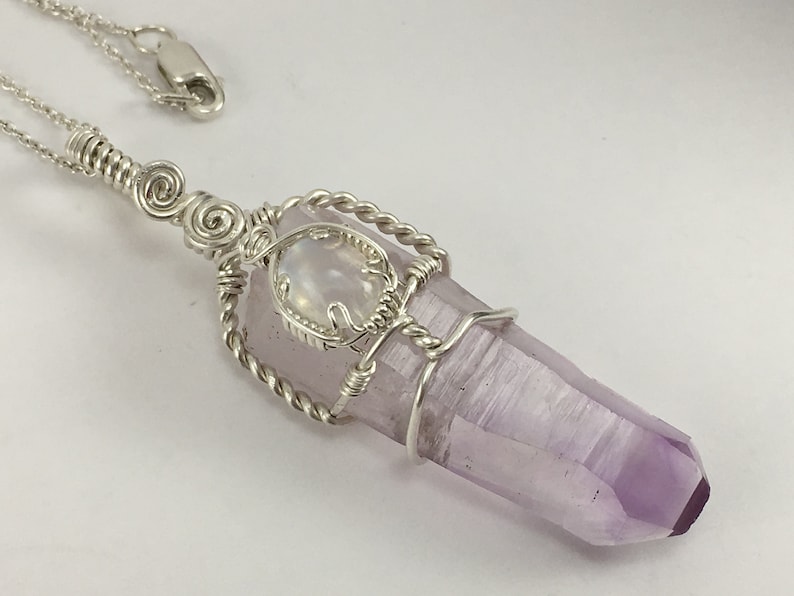 Natural Vera Cruz Amethyst Quartz Crystal Sterling Silver Pendant with Rainbow Moonstone Handmade Wire Wrap Necklace Raw Natural Purple