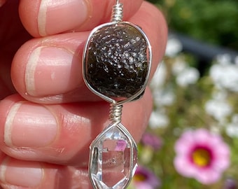 Handmade RAW Moldavite & NY Herkimer Diamond Crystal Sterling Silver Pendant