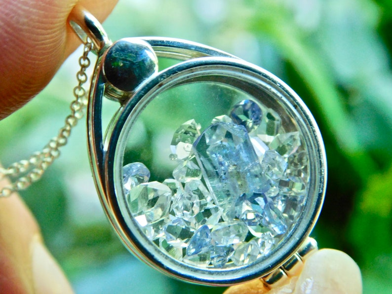 Facets Tanzanite Crystal Herkimer Diamond Quartz Crystals in a Floating Locket Sterling Silver Pendant Necklace Faceted Tanzanite