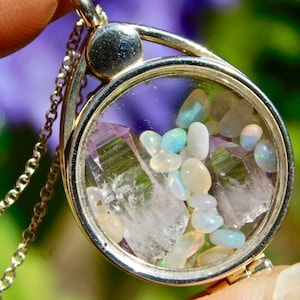 Locket Opal + Vera Cruz Amethyst Crystals Sterling Silver Floating Locket Pendant filled with  Natural Micro Crystals, Shaker Necklace