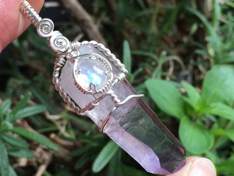 Natural Vera Cruz Amethyst Quartz Crystal Sterling Silver Pendant with Rainbow Moonstone Handmade Wire Wrap Necklace Raw Natural Purple