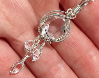 NY Herkimer Diamond Dangle Pendant: Sterling Silver, Raw Natural, A+ Grade NY Clear Quartz, Wire Wrap Necklace