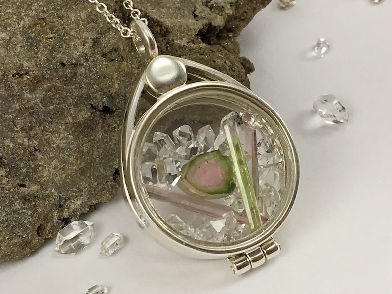 Tourmaline Watermelon Slice and Natural Tourmaline Crystals Herkimer Diamond Quartz Crystals in Sterling Silver Floating Locket Pendant