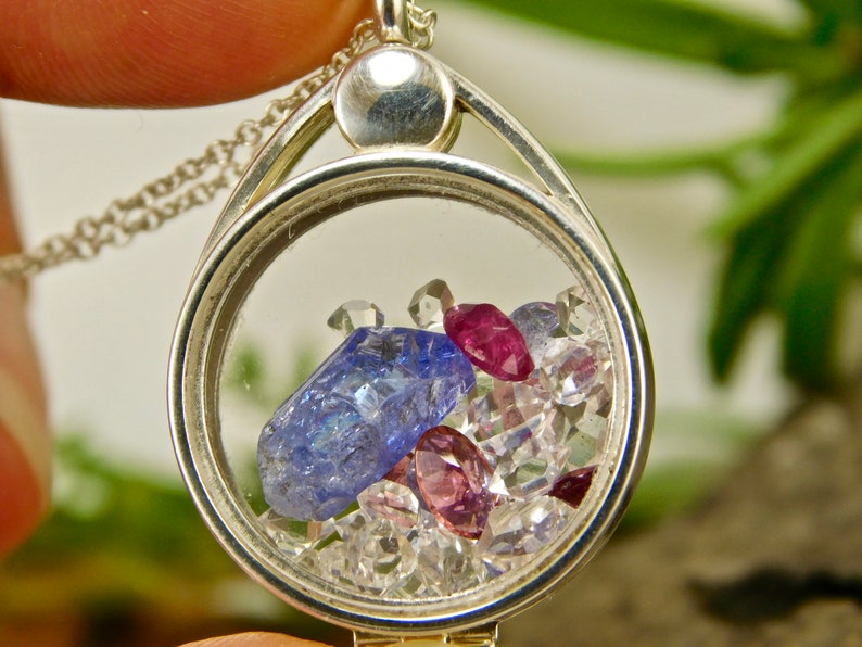 Tanzanite Crystal Tourmaline Herkimer Diamond Crystals in Sterling Silver Floating Locket Pendant Necklace