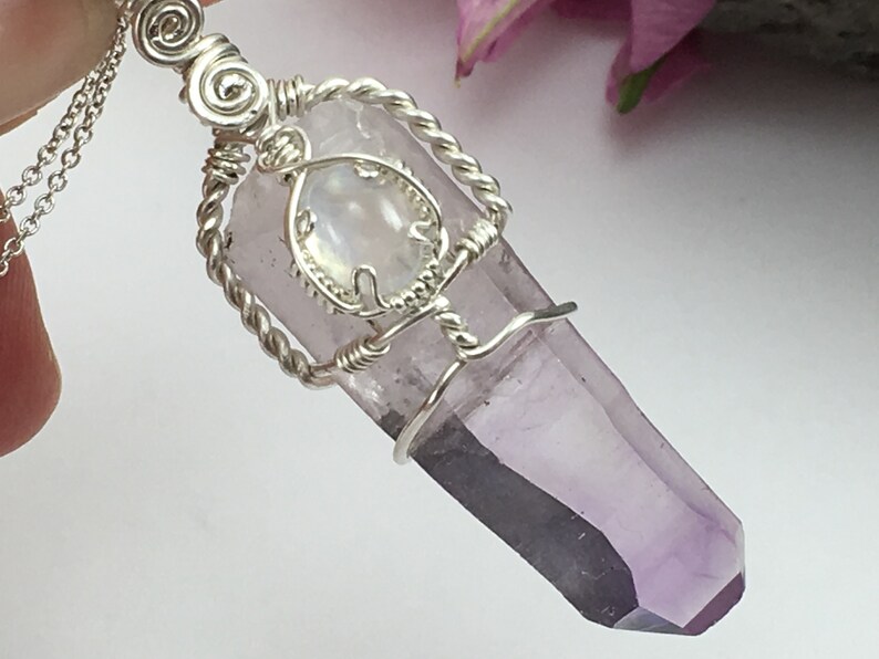 Natural Vera Cruz Amethyst Quartz Crystal Sterling Silver Pendant with Rainbow Moonstone Handmade Wire Wrap Necklace Raw Natural Purple
