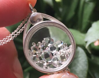 Sterling Silver Floating Locket Pendant with NY Herkimer Quartz Crystals