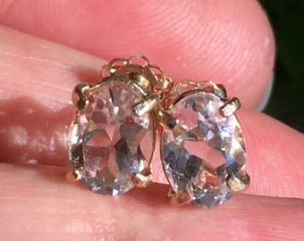 Faceted Herkimer Diamond Quartz Crystal 14k Solid Yellow Gold Stud Earring AAA Grade 5x7 mm Oval Cut Genuine Water Clear NY Genuine Gem