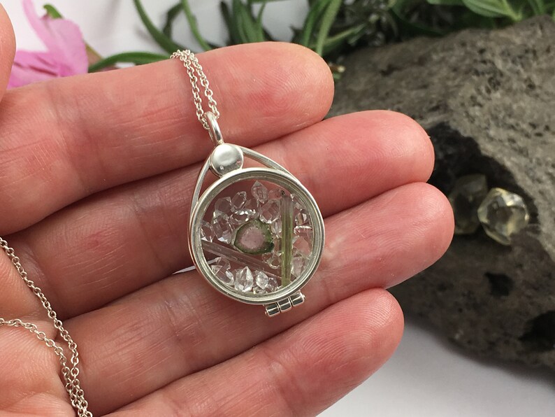 Tourmaline Watermelon Slice and Natural Tourmaline Crystals Herkimer Diamond Quartz Crystals in Sterling Silver Floating Locket Pendant
