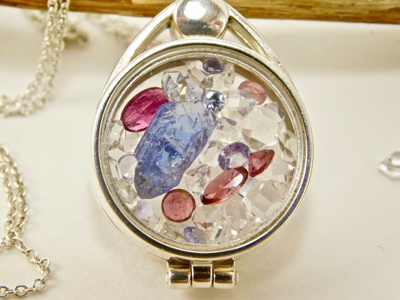 Tanzanite Crystal Tourmaline Herkimer Diamond Crystals in Sterling Silver Floating Locket Pendant Necklace