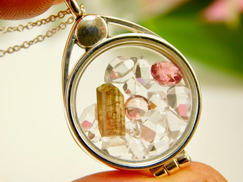 Sterling Silver Floating Locket Necklace with AAA Tourmaline Spinel and Herkimer Diamond Quartz Crystal Locket Grade Micro Crystals