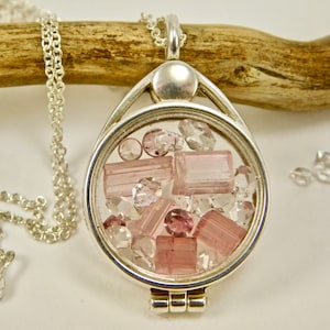 Pink Tourmaline Necklace Tourmaline Crystals/ Facets Herkimer Diamond Quartz crystals in Sterling Silver Floating Locket Pendant Necklace