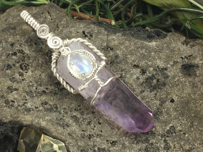 Natural Vera Cruz Amethyst Quartz Crystal Sterling Silver Pendant with Rainbow Moonstone Handmade Wire Wrap Necklace Raw Natural Purple