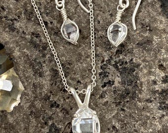 NY Herkimer Diamond Sterling Silver Pendant and Earrings Set: Natural Quartz Crystal Jewelry