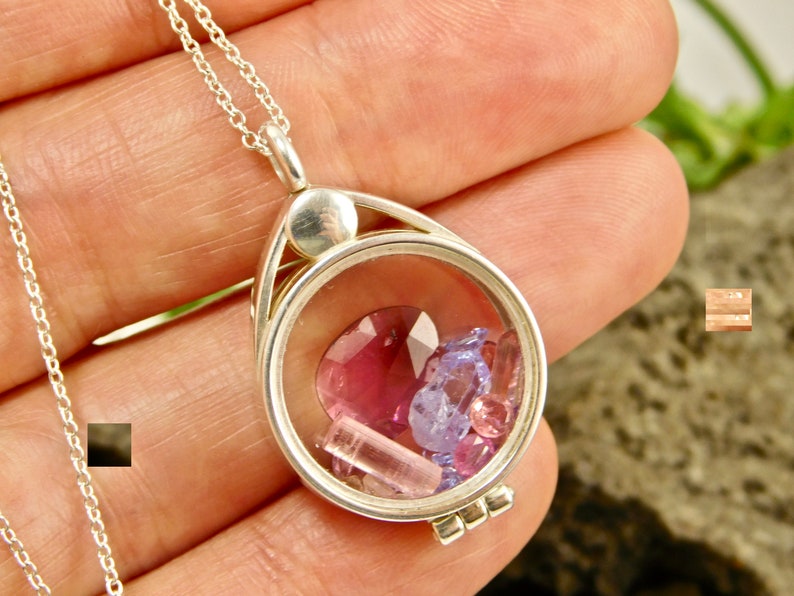 Tanzanite Crystal Tourmaline Crystals Facets in Sterling Silver Floating Locket Pendant Necklace