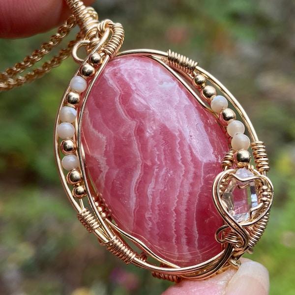 Rhodochrosite + Herkimer Diamond Quartz Crystal with Mother of Pearl 14k Gold fill Wire Wrapped Pendant Natural Pink Yoga Healing Jewelry